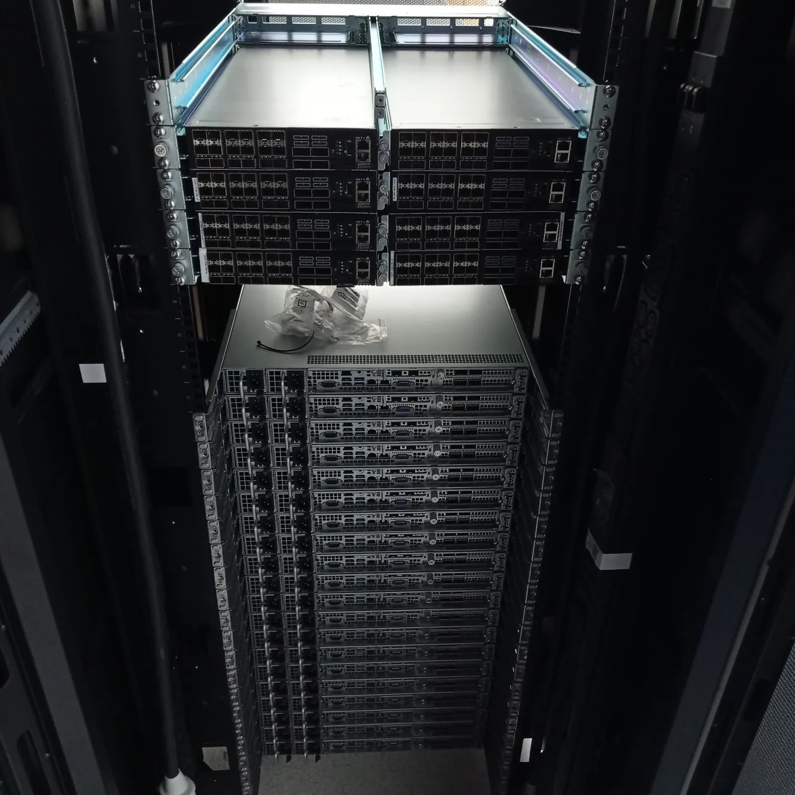 Rack-mounted server hardware during installation