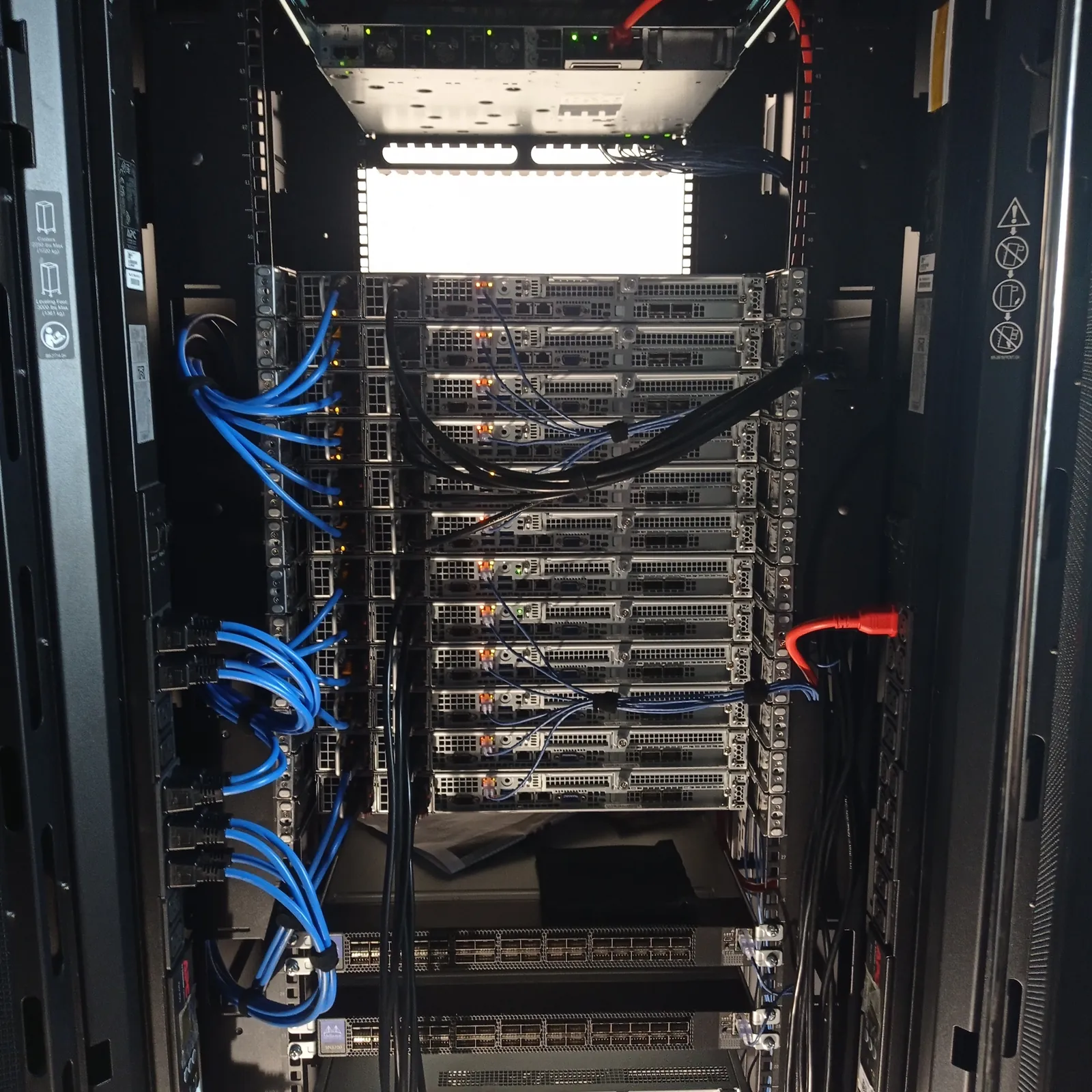 Rear of a server rack with blue network cabling
